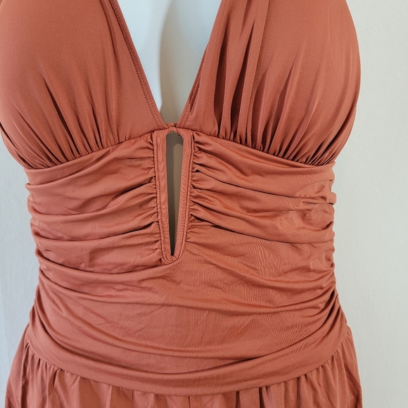 BLUE|Rod Beattie Chestnut Ruched Plunging Halter One Piece Swimsuit Sz 12 Sexy - Picture 4 of 12